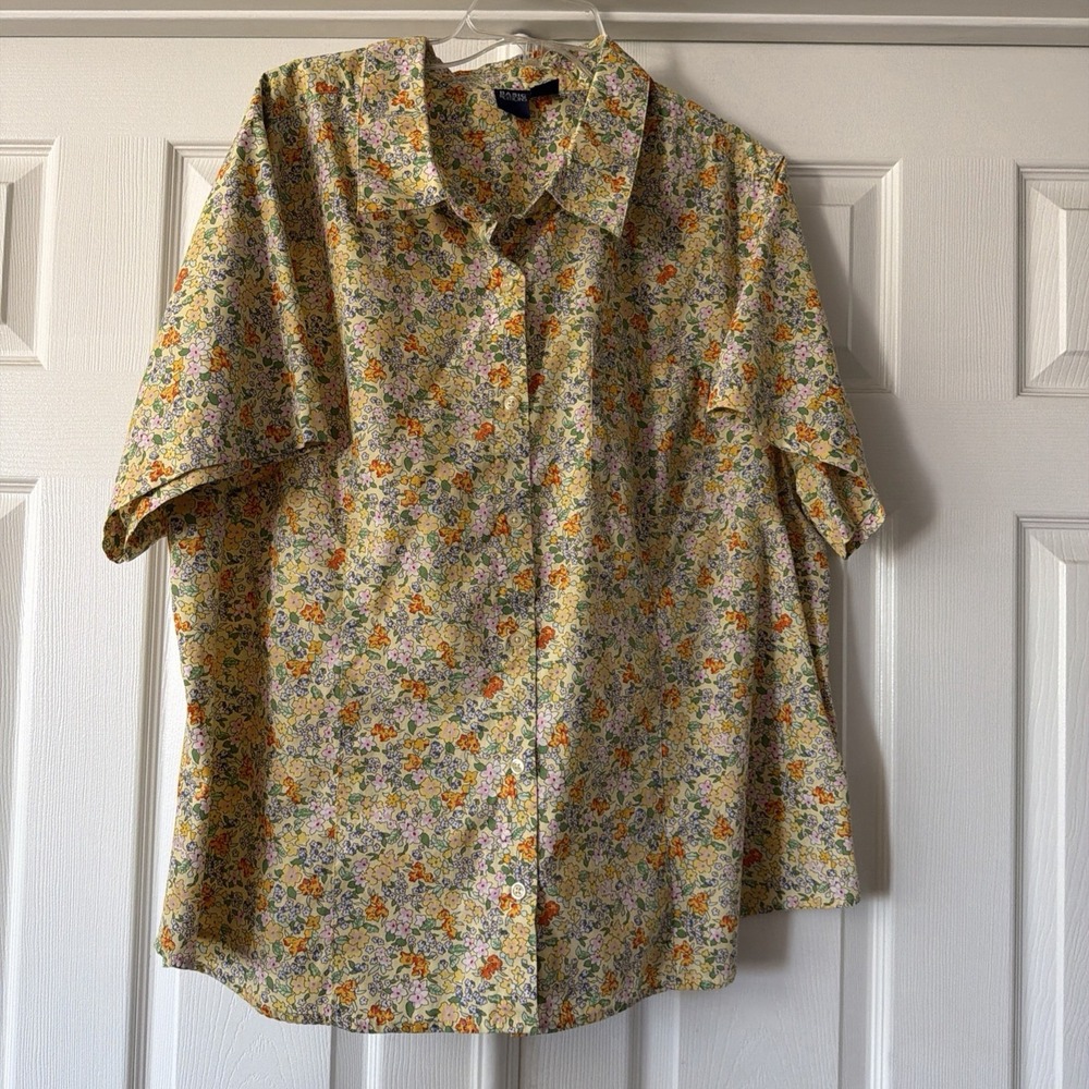 Basic Editions Womens Floral Yellow Top Sz 3X Cotton Blend Button Up Pocket